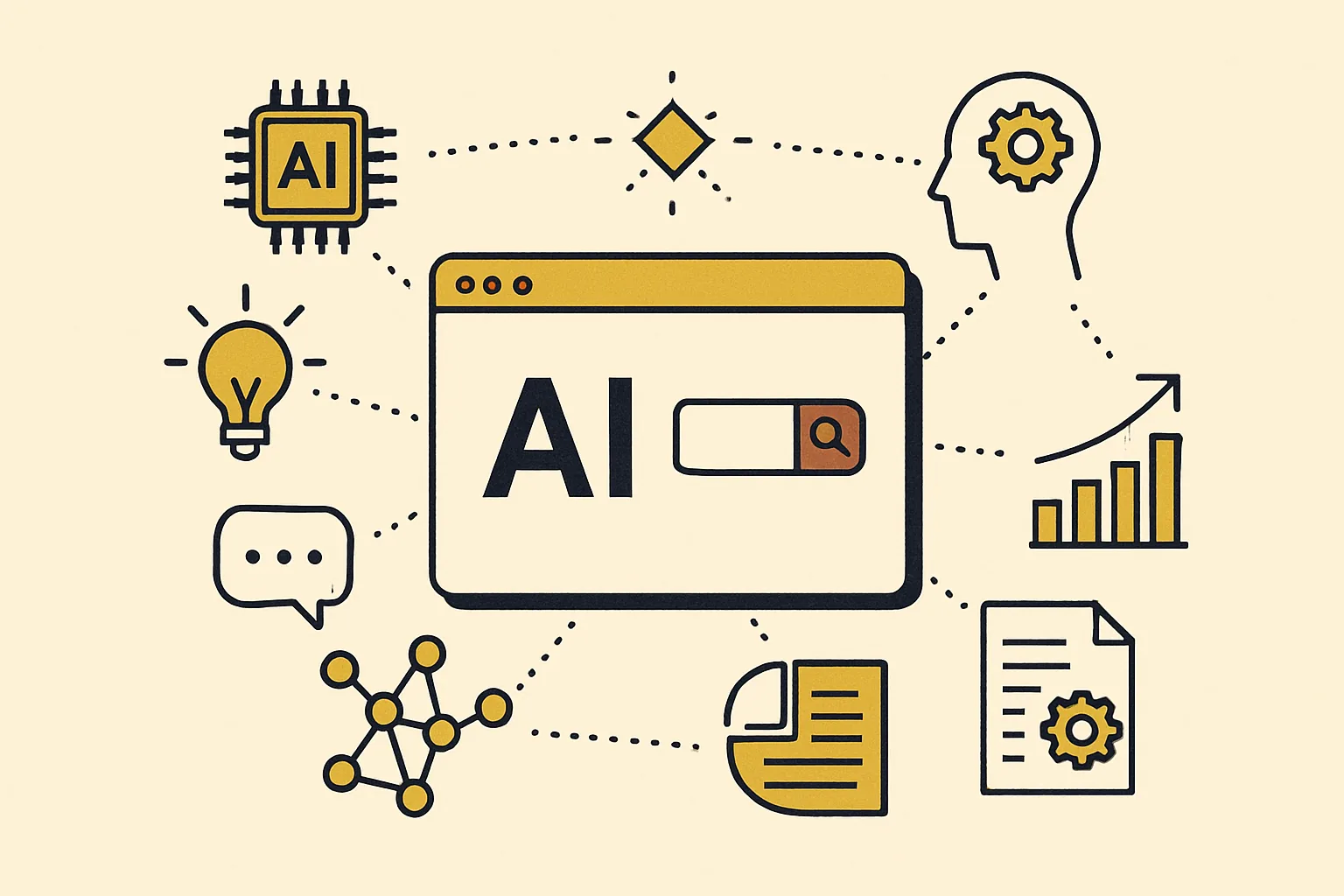 A constellation of AI search engines around a central query.