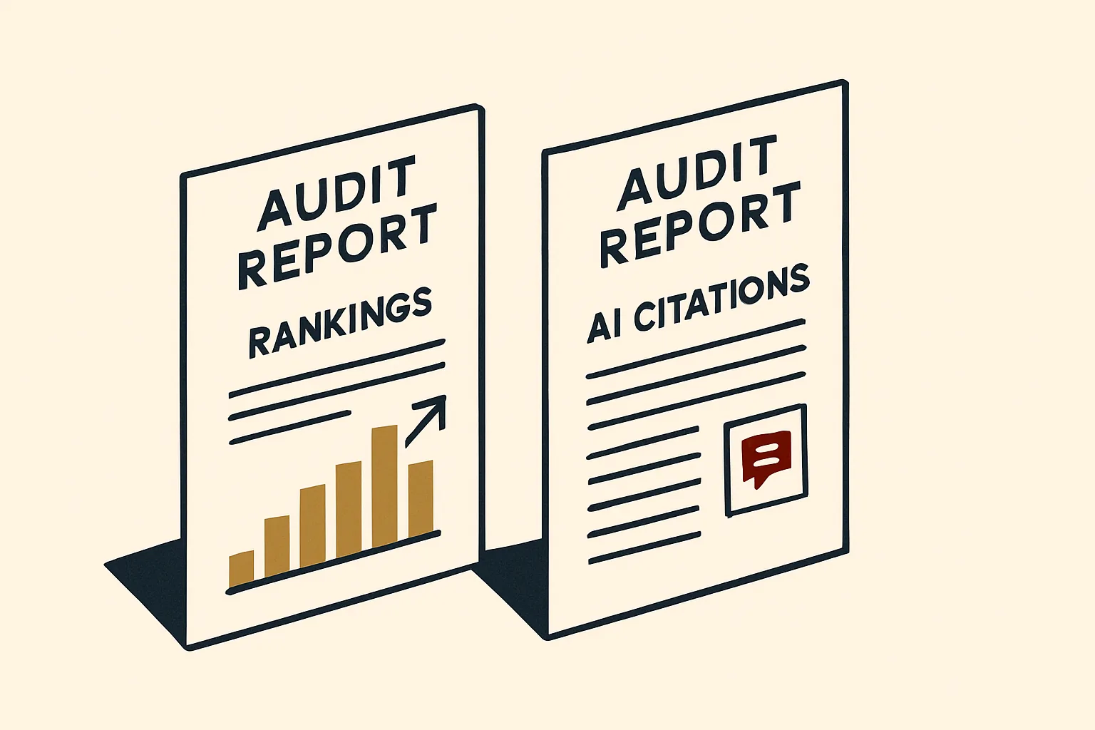 Two audit reports side by side, one focused on rankings, the other on AI citations.