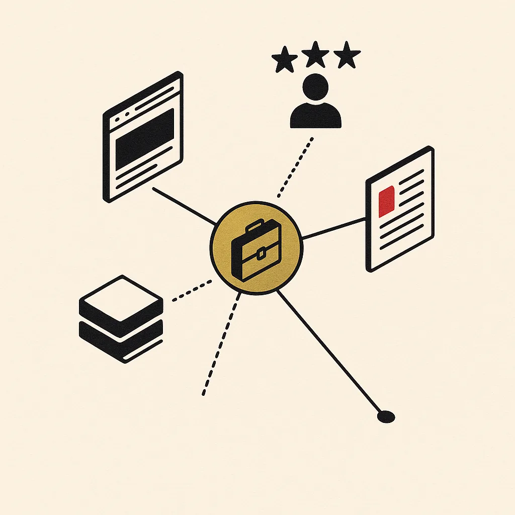 A network linking a business to the website, reviews, directories and articles that AI engines read, with some connections strong and others missing.