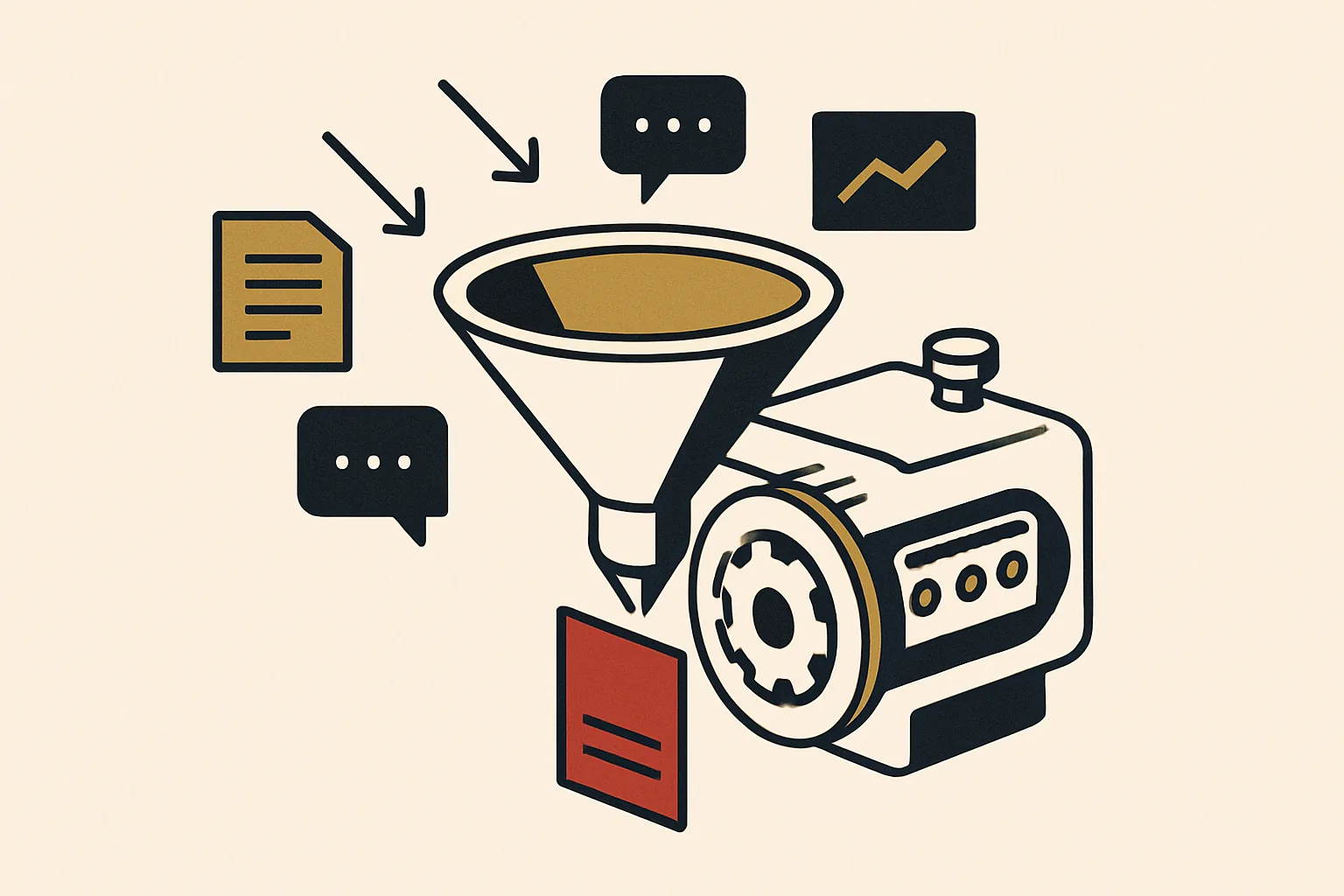 A decision funnel taking many sources in and producing a short shortlist of businesses.