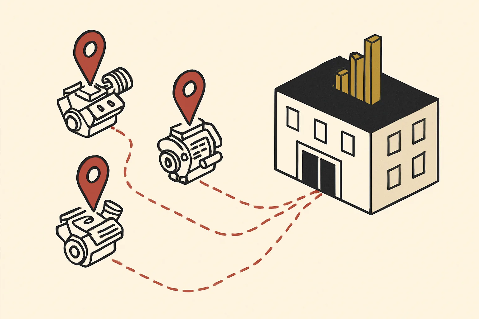 Three AI engines each tracing a different path to the same business information.