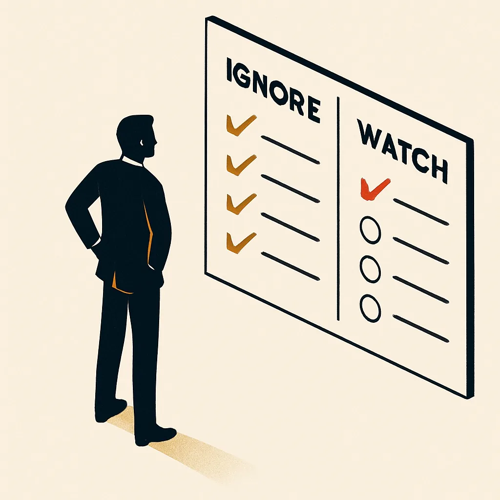 A two-column list of metrics to ignore versus metrics to watch.