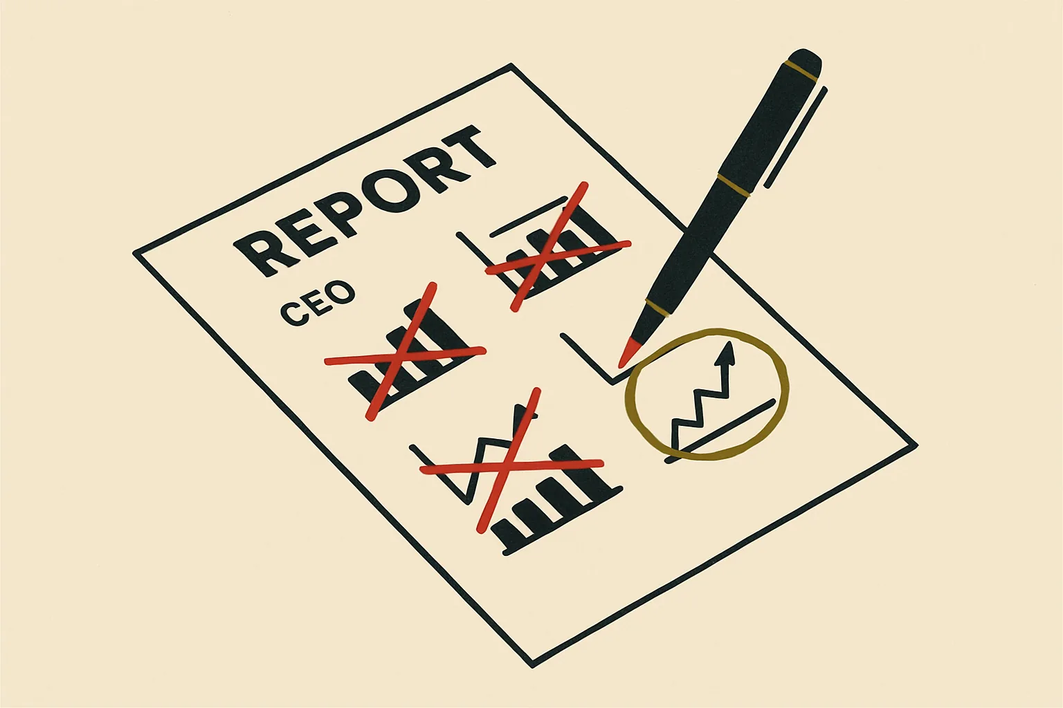 A marketing report with several metrics struck through and one circled as the one that matters.