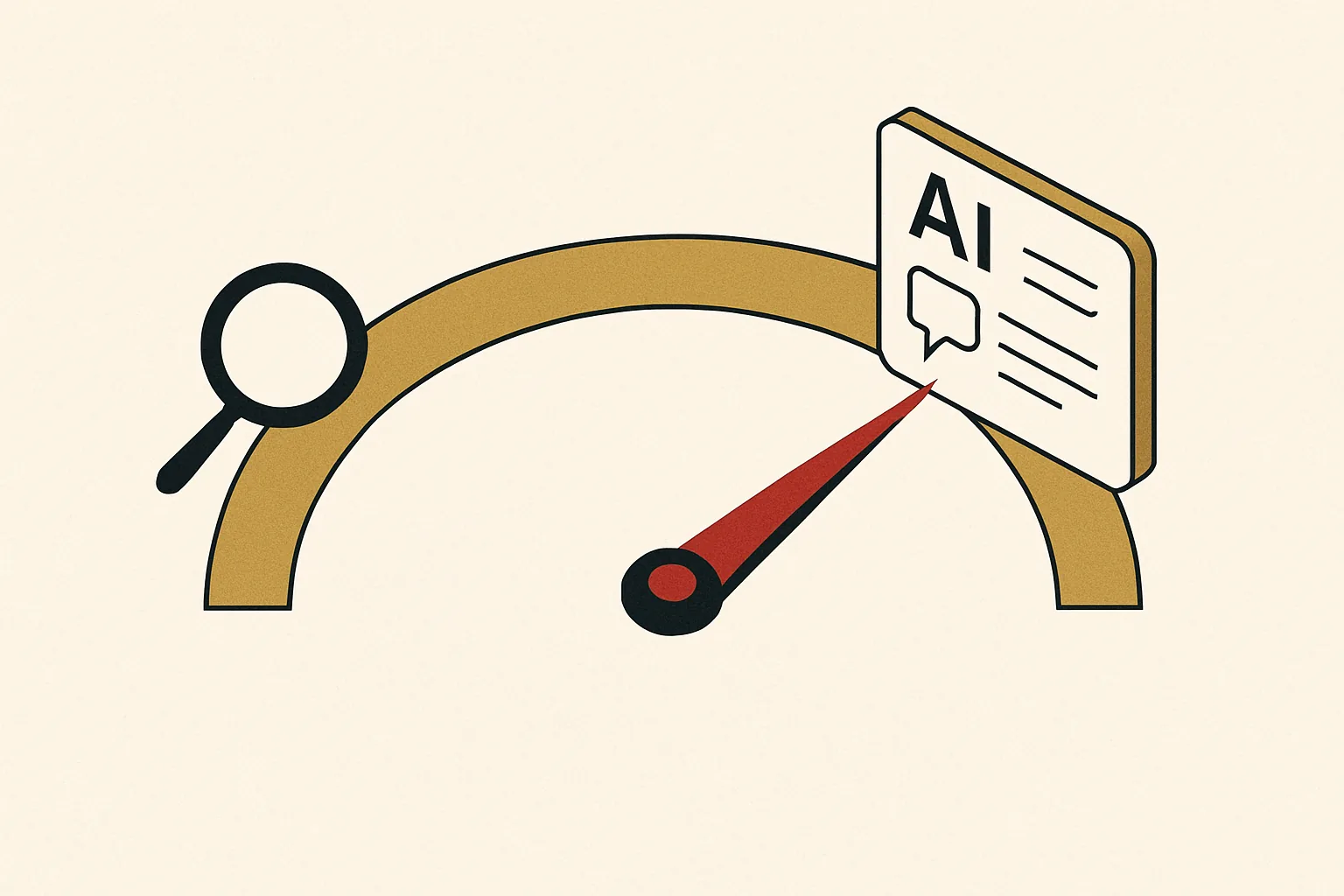 A visibility meter rising from a search glyph to an AI answer card, representing a beauty salon's growing discoverability.
