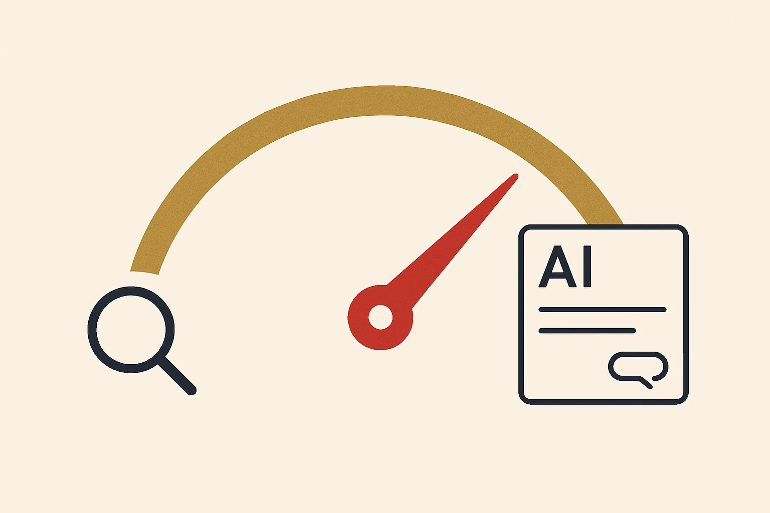 An abstract gauge rising from a search glyph to an AI answer card, showing dental practice visibility increasing.
