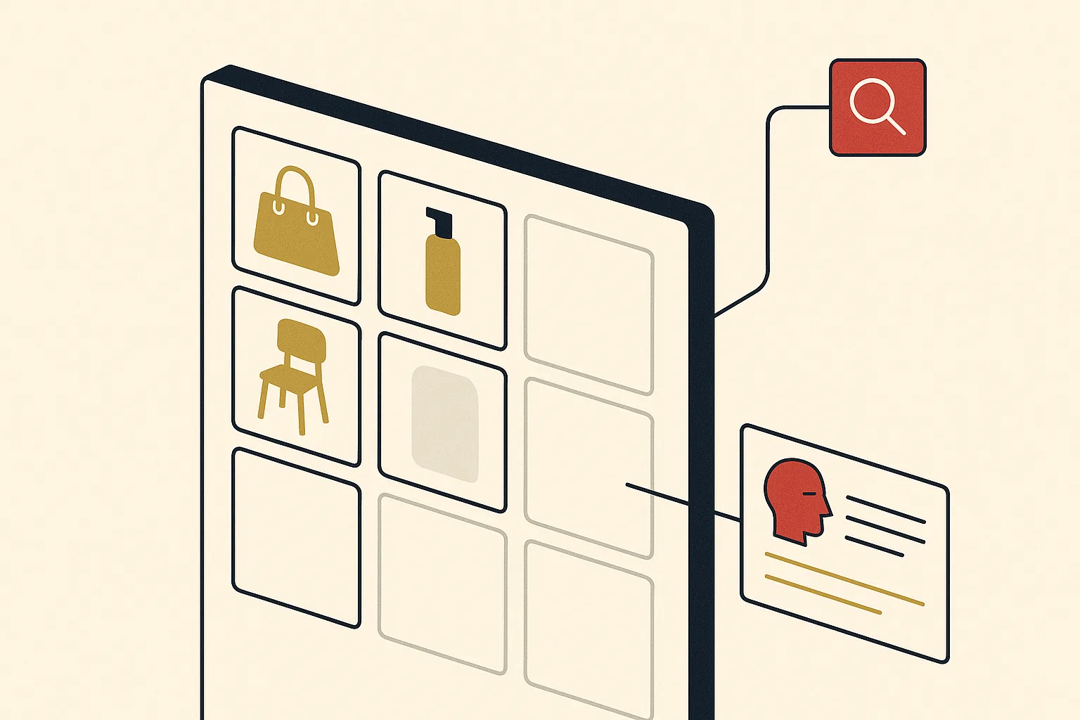 An online store grid where some products are visible to search and AI engines and others are greyed out.