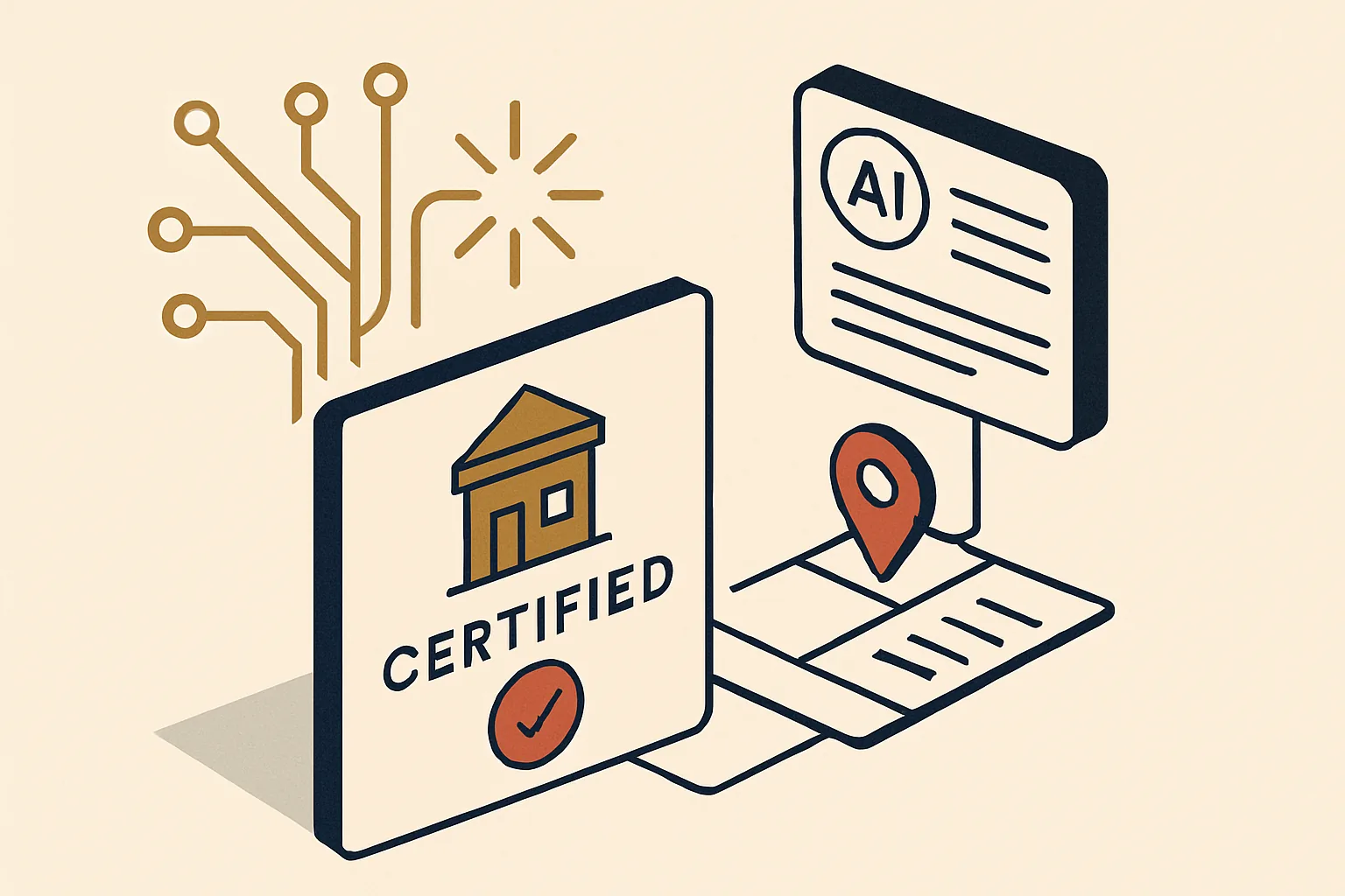 An electrician shown as the named certified local choice across search and AI, with a circuit-spark motif connecting a NICEIC-badge card to a Map Pack result and an AI answer.