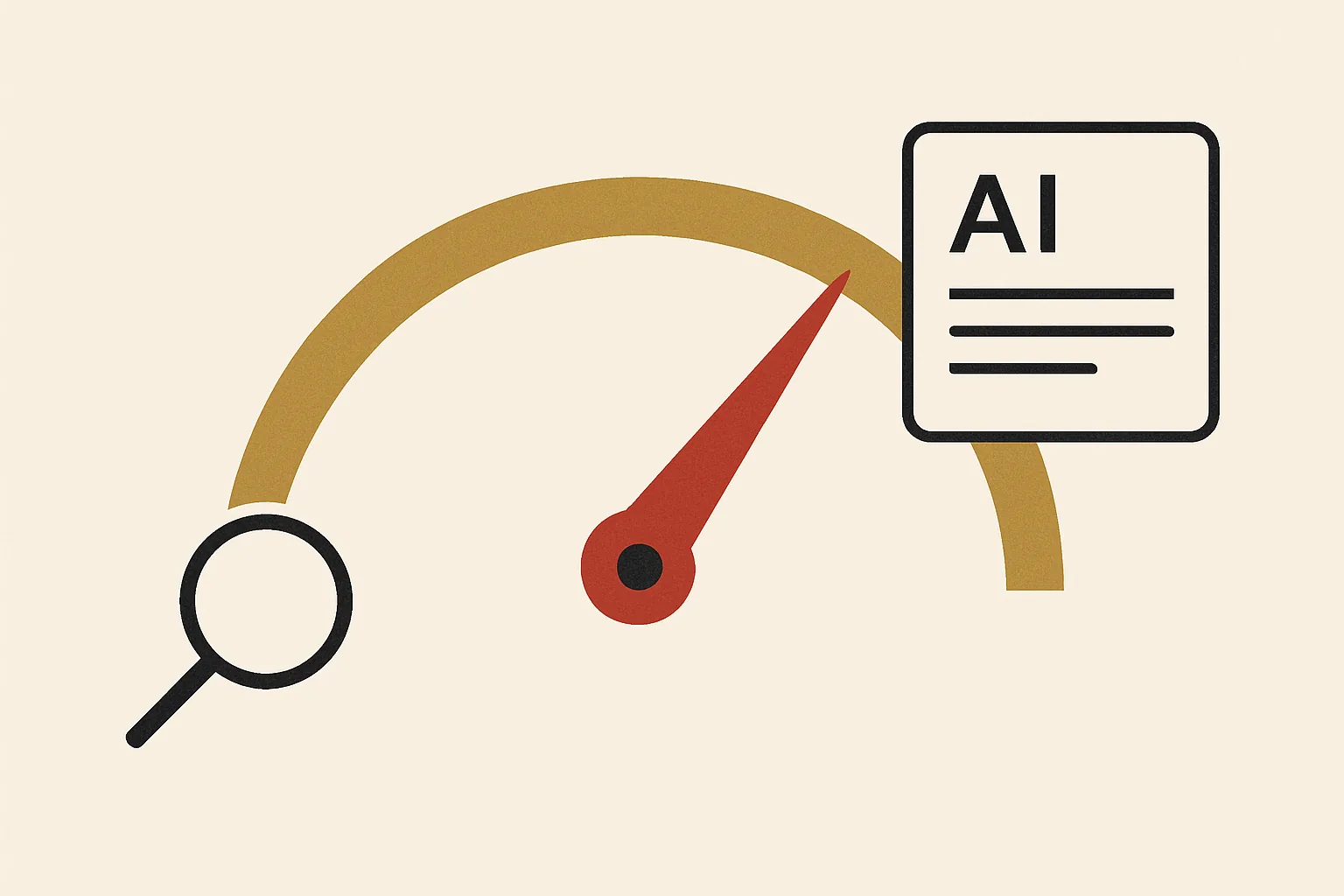 A visibility meter rising from a search icon to an AI answer card, showing a broker's specialist search presence.