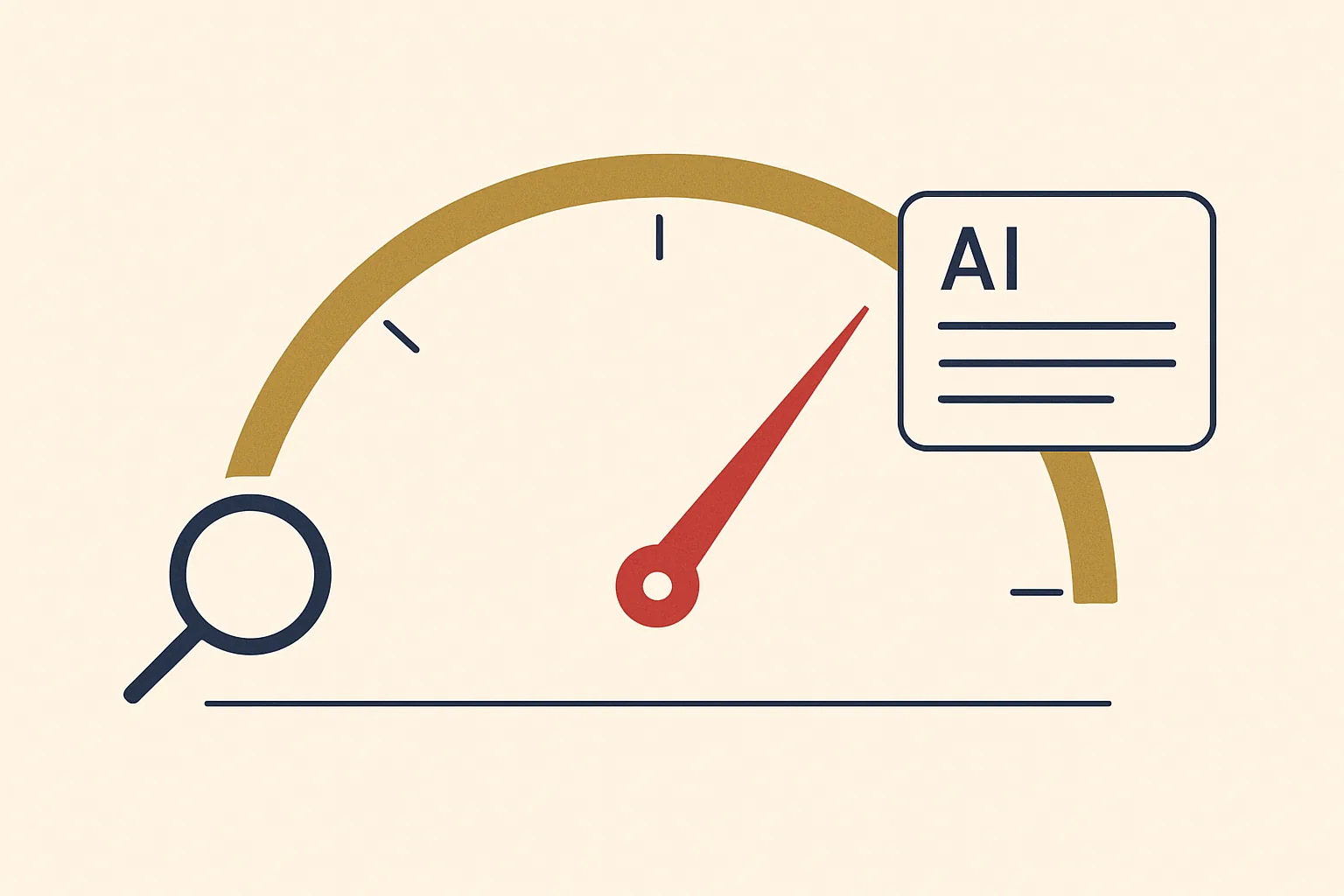 A visibility meter rising from a search icon to an AI answer card, showing a landscaping business increasing its local reach.