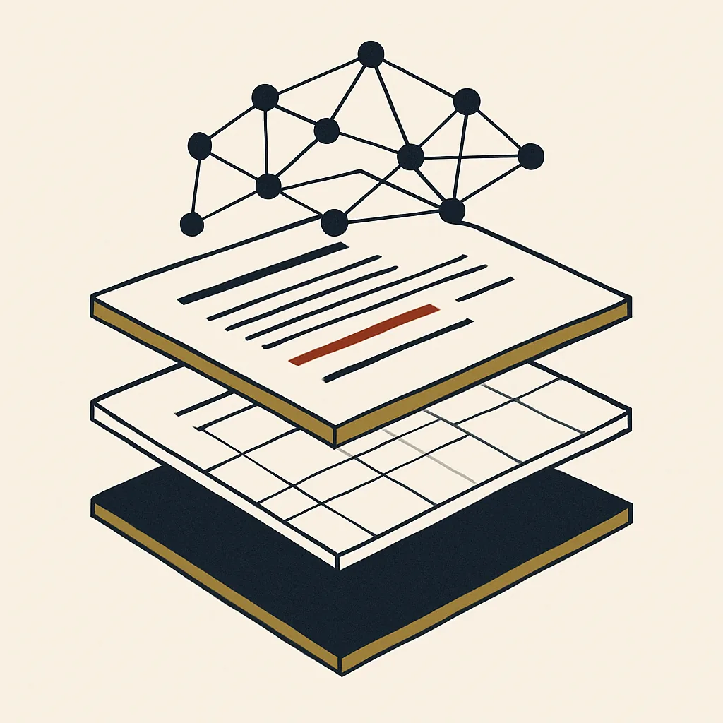 Three stacked layers showing site structure, content and AI trust signals for a landscaping business.