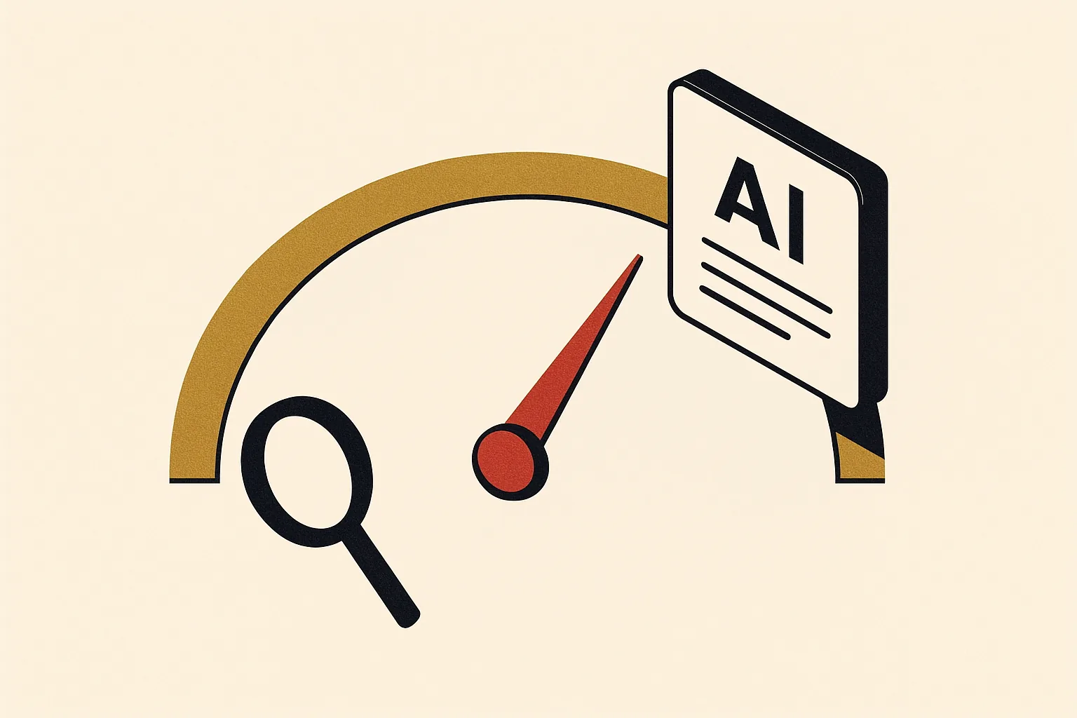An abstract semicircular gauge rising from a search icon to an AI icon, showing a law firm's visibility increasing.
