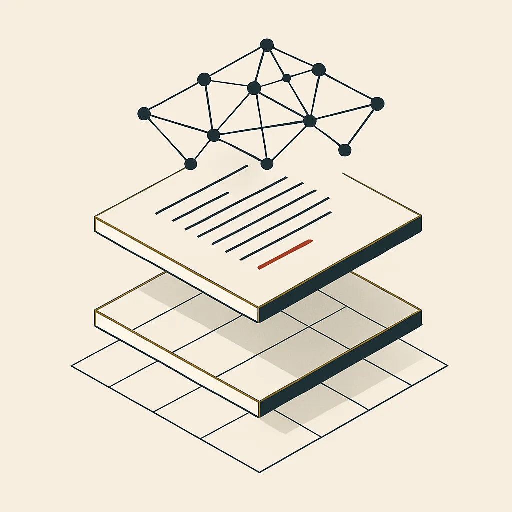 Three translucent stacked layers representing site structure, content and AI trust for a law firm.