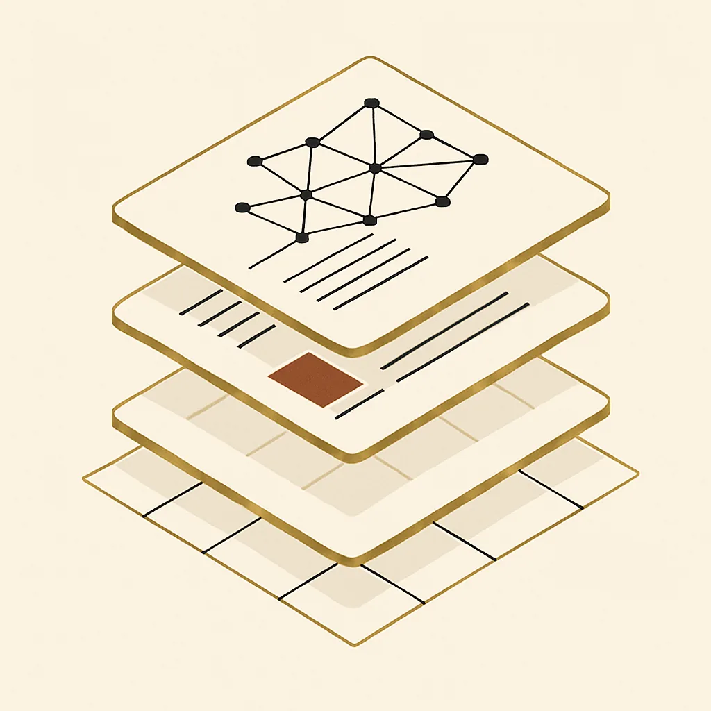 Three stacked layers showing site structure, content and AI trust signals for a manufacturer.