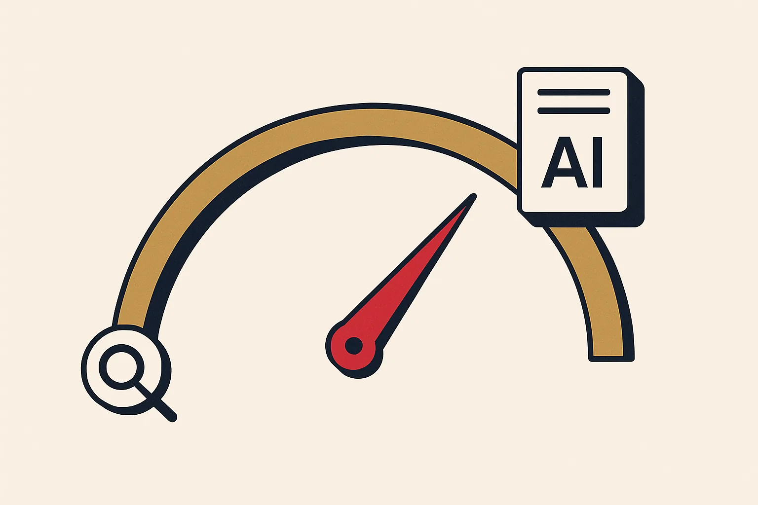 A semicircular visibility meter rising from a search icon to an AI answer card, showing a photographer's discoverability increasing.