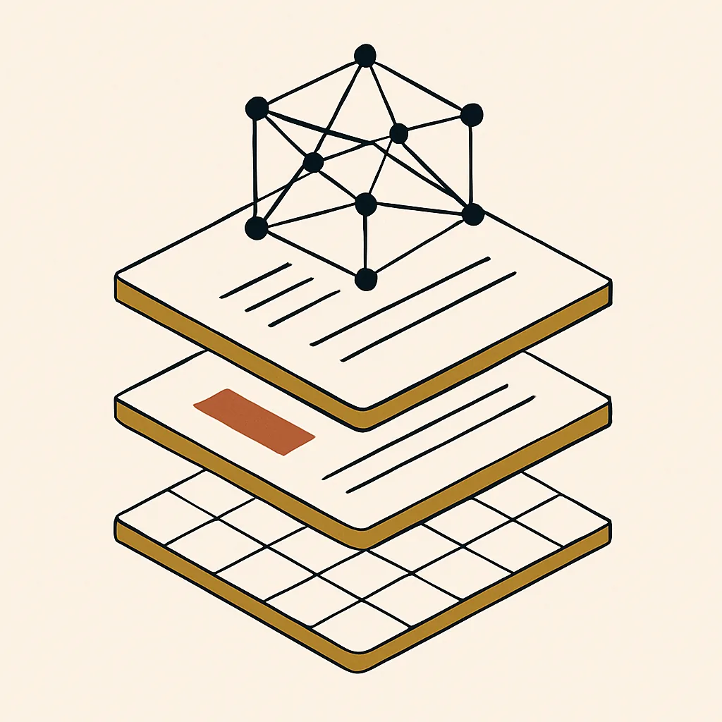 Three translucent stacked layers showing site structure, content and AI trust signals.