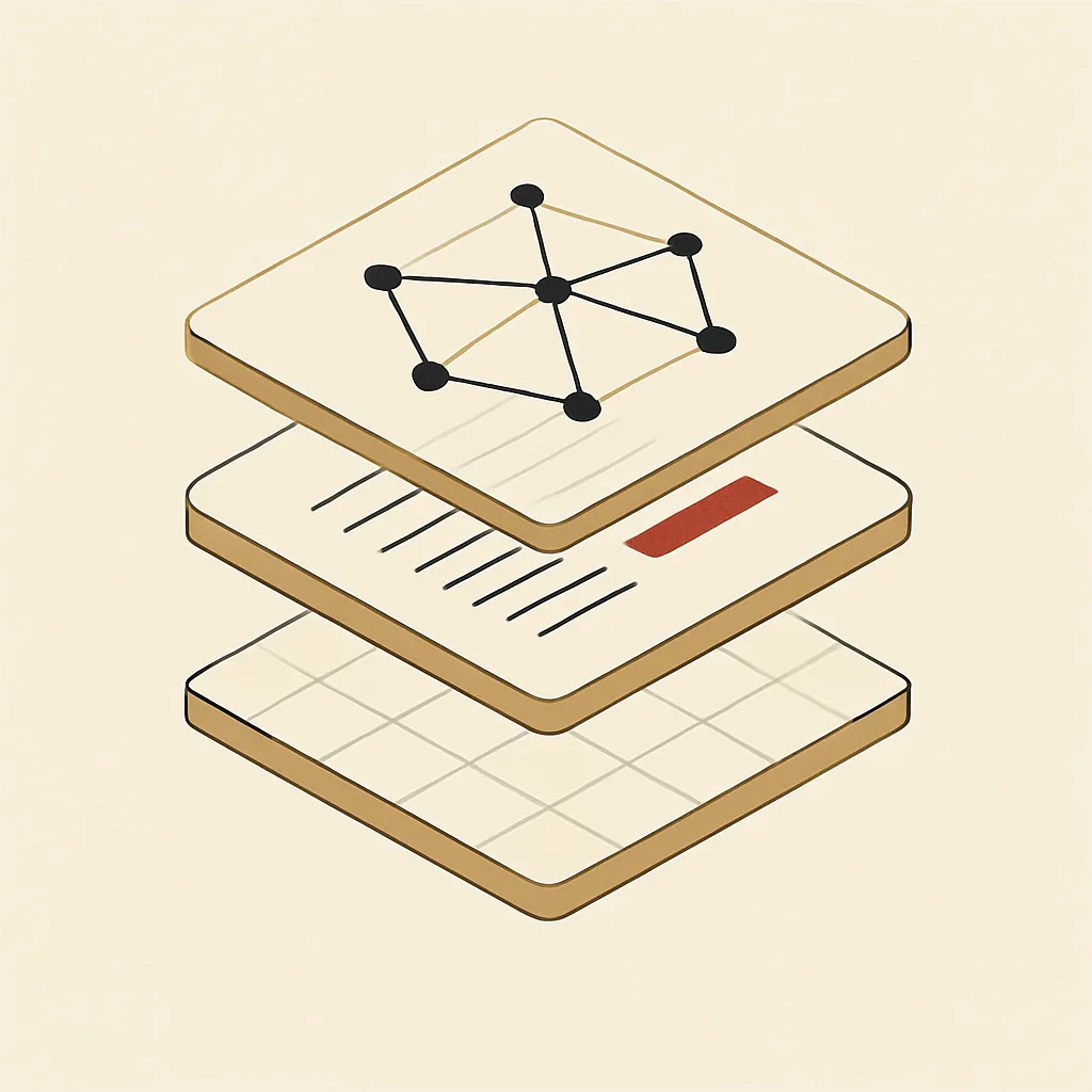 Abstract isometric stack showing integration layer, content layer and AI trust layer for a SaaS product.