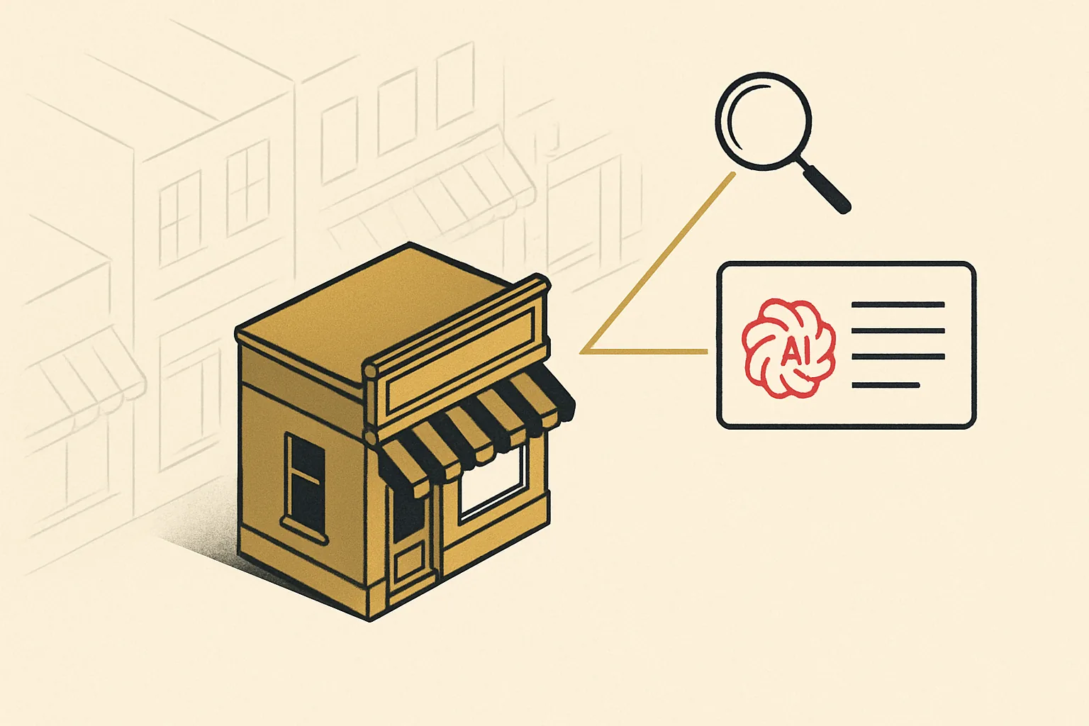 A small business premises clearly visible to search and AI engines while faint competitors fade around it.