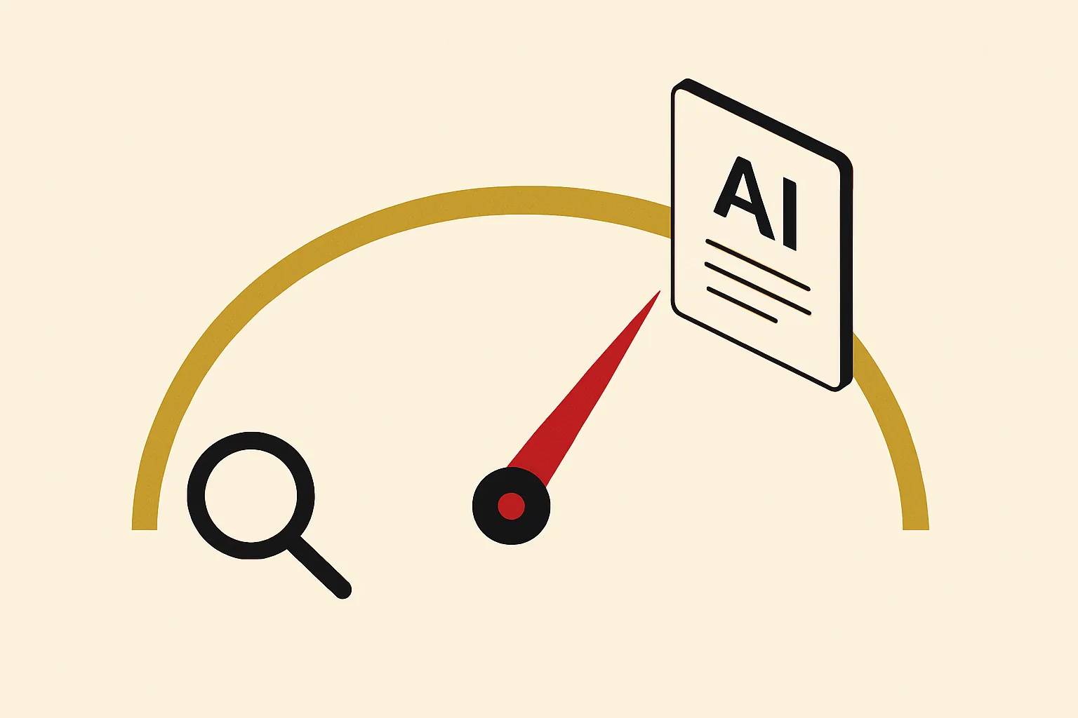 A meter rising from a search icon to an AI answer card, showing small business visibility increasing.