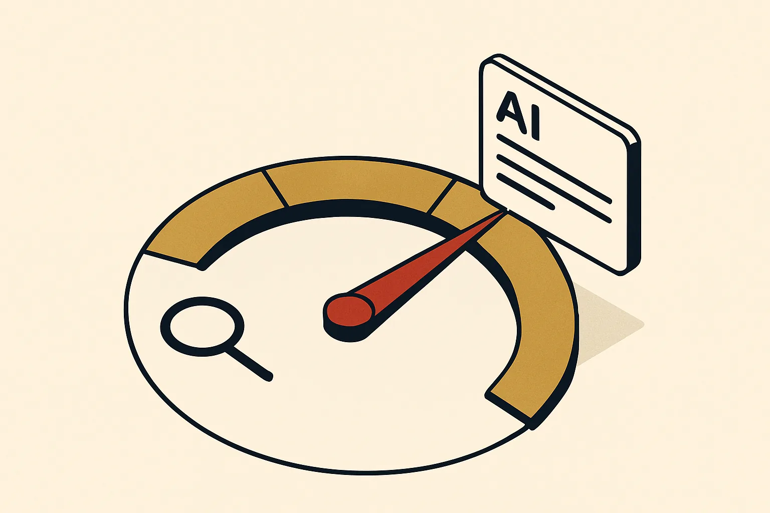 A meter rising from a search icon to an AI icon, showing startup visibility increasing.